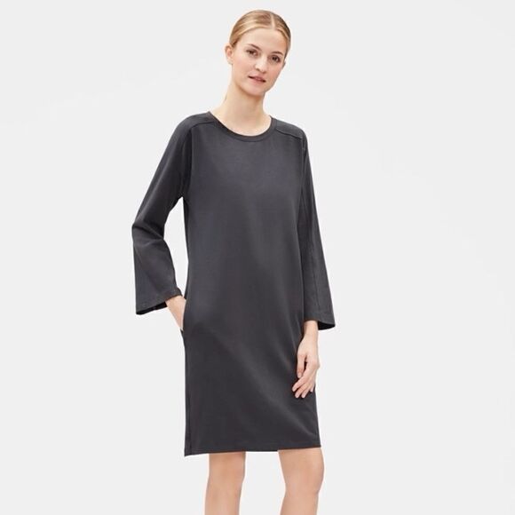 Eileen Fisher Crewneck Jersey Dress With Pockets Graphite Sz S - Picture 1 of 5